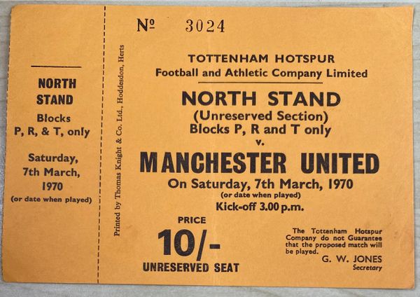 1969/70 ORIGINAL UNUSED DIVISION ONE TICKET TOTTENHAM HOTSPUR V MANCHESTER UNITED