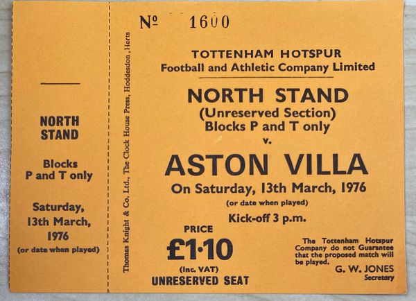 1975/76 ORIGINAL UNUSED DIVISION ONE TICKET TOTTENHAM HOTSPUR V ASTON VILLA