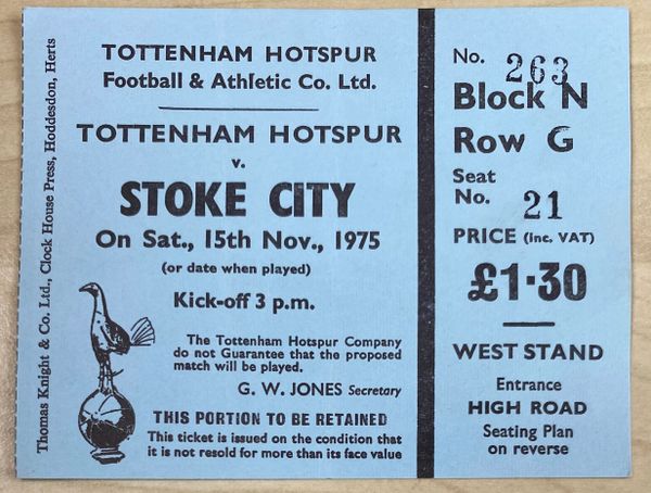 1975/76 ORIGINAL DIVISION ONE UNUSED TICKET TOTTENHAM HOTSPUR V STOKE CITY