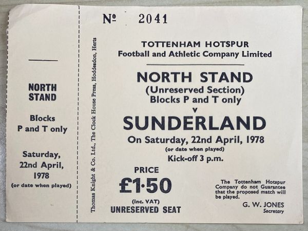 1977/78 ORIGINAL UNUSED DIVISION TWO TICKET TOTTENHAM HOTSPUR V SUNDERLAND