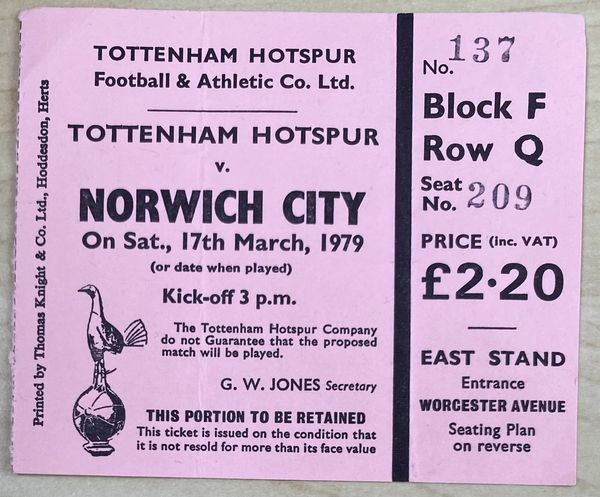 1978/79 ORIGINAL DIVISION ONE TICKET TOTTENHAM HOTSPUR V NORWICH CITY