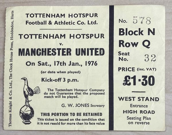 1975/76 ORIGINAL DIVISION ONE TICKET TOTTENHAM HOTSPUR V MANCHESTER UNITED