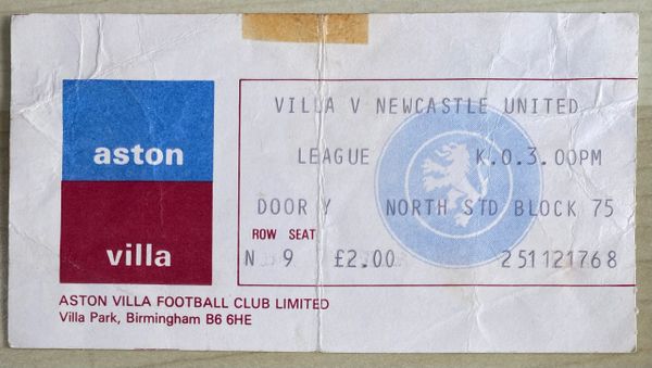 1977/78 ORIGINAL DIVISION ONE TICKET ASTON VILLA V NEWCASTLE UNITED