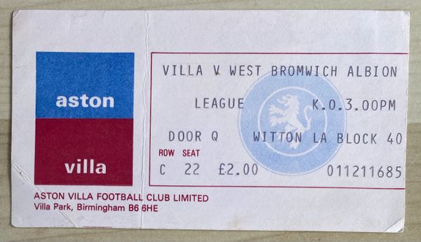 1977/78 ORIGINAL DIVISION ONE TICKET ASTON VILLA V WEST BROMWICH ALBION