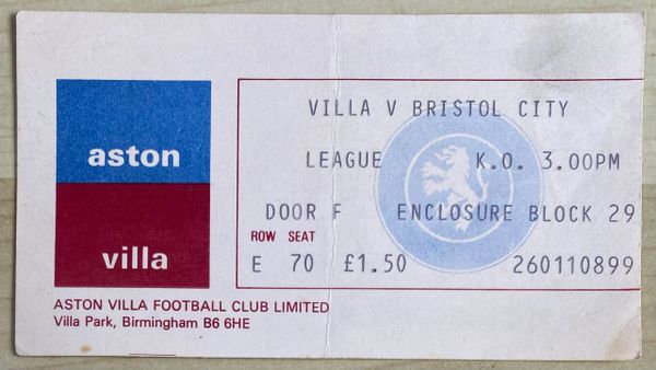 1977/78 ORIGINAL DIVISION ONE TICKET ASTON VILLA V BRISTOL CITY