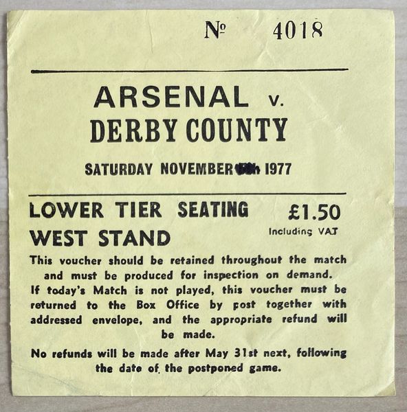 1977/78 ORIGINAL DIVISION ONE TICKET ARSENAL V DERBY COUNTY