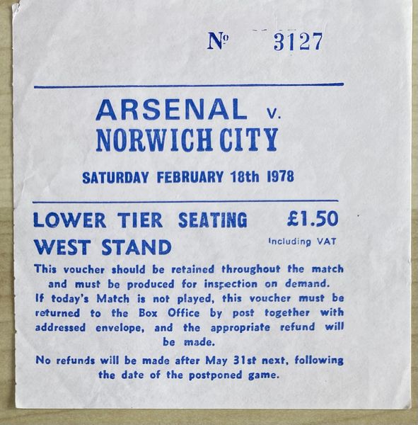 1977/78 ORIGINAL DIVISION ONE TICKET ARSENAL V NORWICH CITY