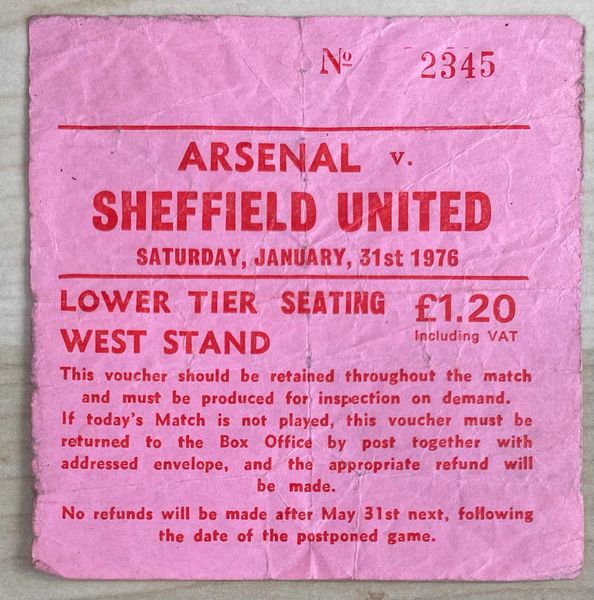 1975/76 ORIGINAL DIVISION ONE TICKET ARSENAL V SHEFFIELD UNITED