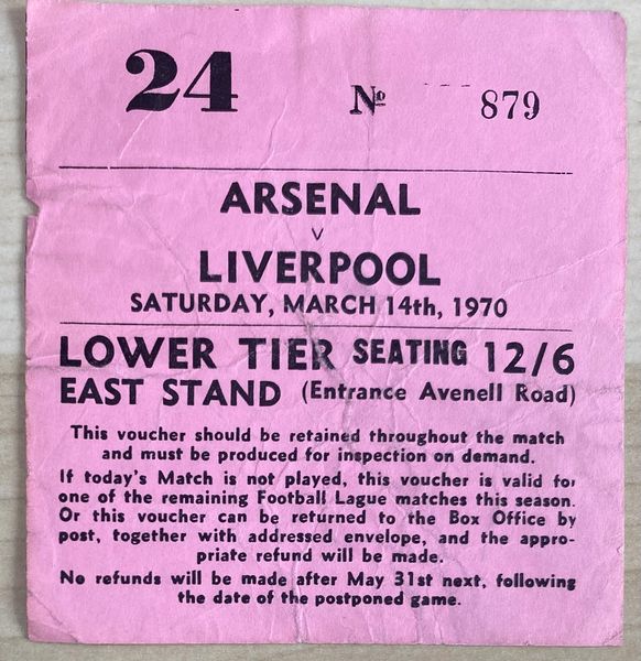 1969/70 ORIGINAL DIVISION ONE TICKET ARSENAL V LIVERPOOL