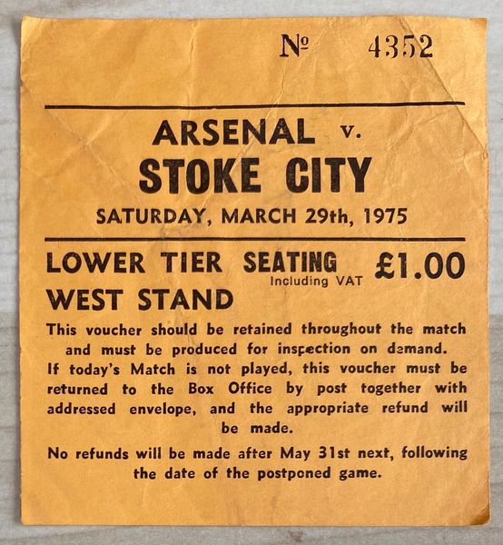 1974/75 ORIGINAL DIVISION ONE TICKET ARSENAL V STOKE CITY