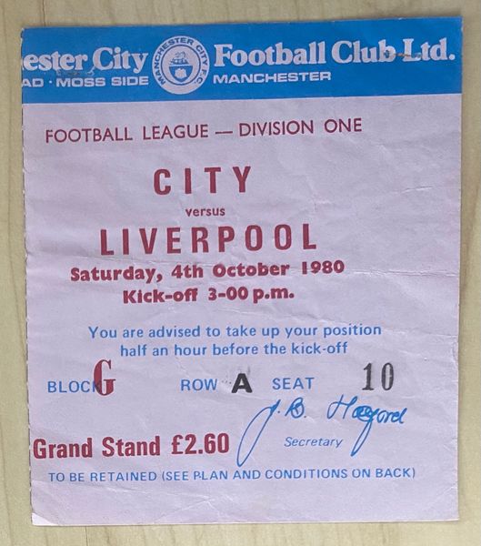 1980/81 ORIGINAL DIVISION ONE TICKET MANCHESTER CITY V LIVERPOOL