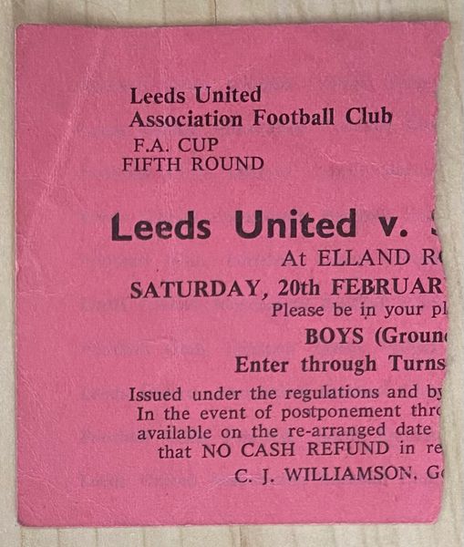 1964/65 ORIGINAL FA CUP 5TH ROUND TICKET LEEDS UNITED V SHREWSBURY TOWN