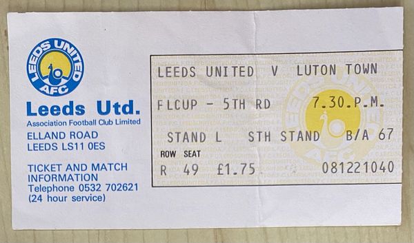 1978/79 ORIGINAL LEAGUE CUP 5TH ROUND TICKET LEEDS UNITED V LUTON TOWN