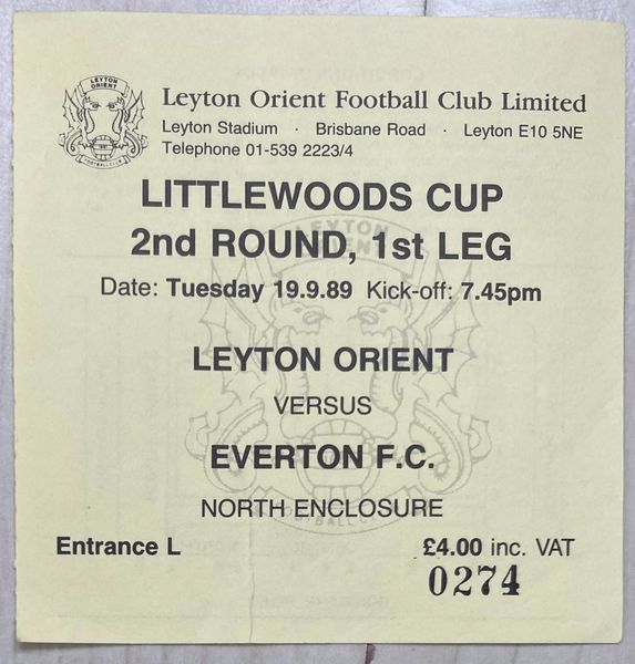 1989/90 ORIGINAL LITTLEWOODS LEAGUE CUP 2ND ROUND 1ST LEG TICKET LEYTON ORIENT V EVERTON