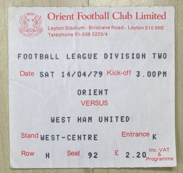 1978/79 ORIGINAL DIVISION TWO TICKET ORIENT V WEST HAM UNITED