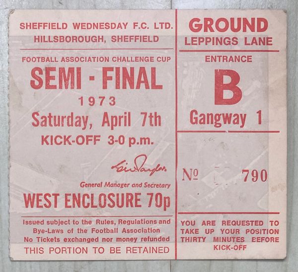 1973 ORIGINAL FA CUP SEMI FINAL TICKET SUNDERLAND V ARSENAL @HILLSBOROUGH (ARSENAL ALLOCATION)