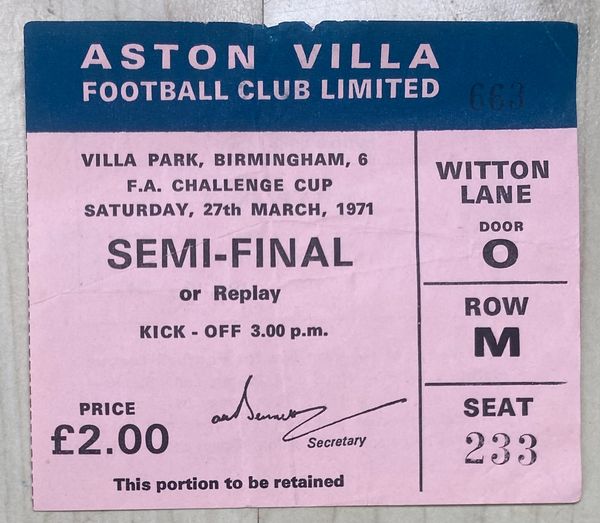 1971 ORIGINAL FA CUP SEMI FINAL REPLAY TICKET ARSENAL V STOKE CITY @VILLA PARK