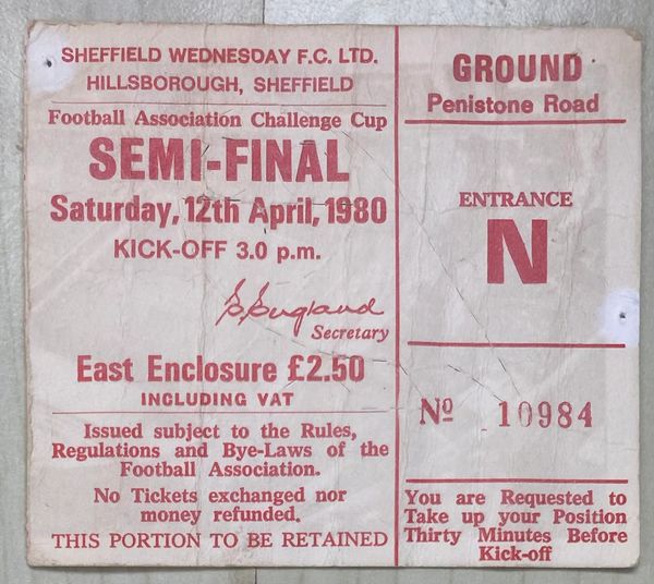 1980 ORIGINAL FA CUP SEMI FINAL TICKET LIVERPOOL V ARSENAL @HILLSBOROUGH (ARSENAL ALLOCATION)