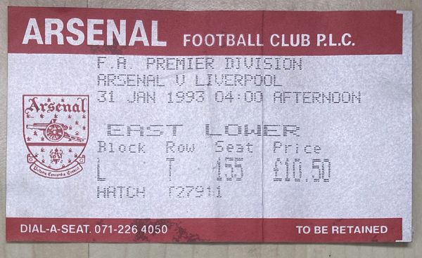 1992/93 ORIGINAL DIVISION ONE TICKET ARSENAL V LIVERPOOL