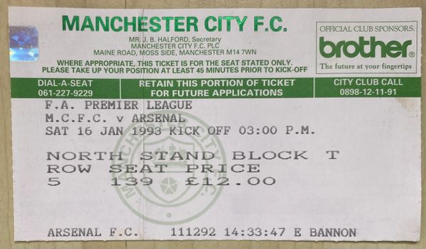 1992/93 ORIGINAL PREMIER LEAGUE TICKET MANCHESTER CITY V ARSENAL