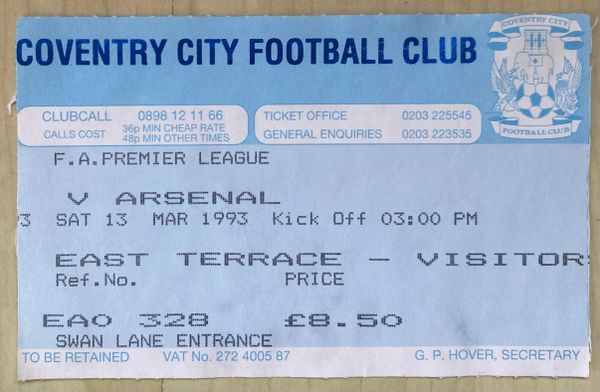 1992/93 ORIGINAL DIVISION ONE TICKET COVENTRY CITY V ARSENAL (VISITORS ALLOCATION)