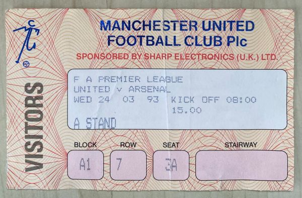 1992/93 ORIGINAL FA PREMIER LEAGUE TICKET MANCHESTER UNITED V ARSENAL (VISITORS ALLOCATION)