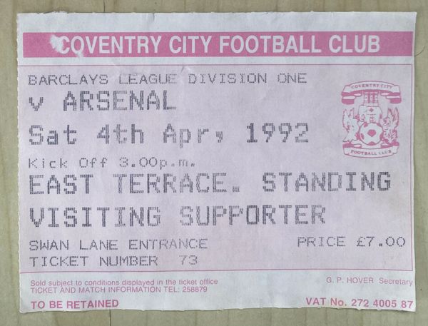 1991/92 ORIGINAL DIVISION ONE TICKET COVENTRY CITY V ARSENAL (VISITORS ALLOCATION)