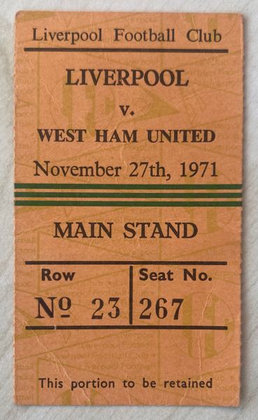 1971/72 ORIGINAL DIVISION ONE TICKET LIVERPOOL V WEST HAM UNITED