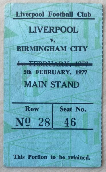 1976/77 ORIGINAL DIVISION ONE TICKET LIVERPOOL V BIRMINGHAM CITY