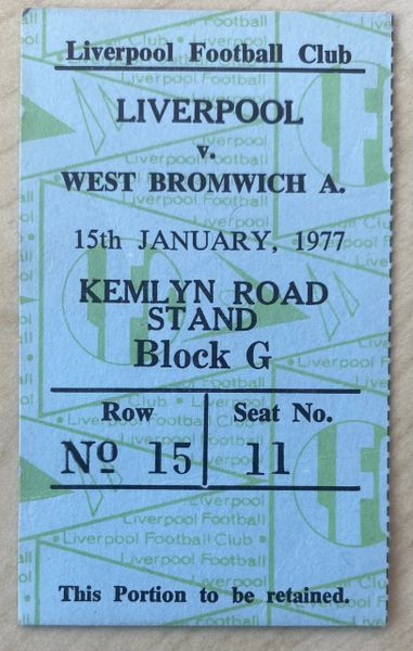 1976/77 ORIGINAL DIVISION ONE TICKET LIVERPOOL V WEST BROMWICH ALBION
