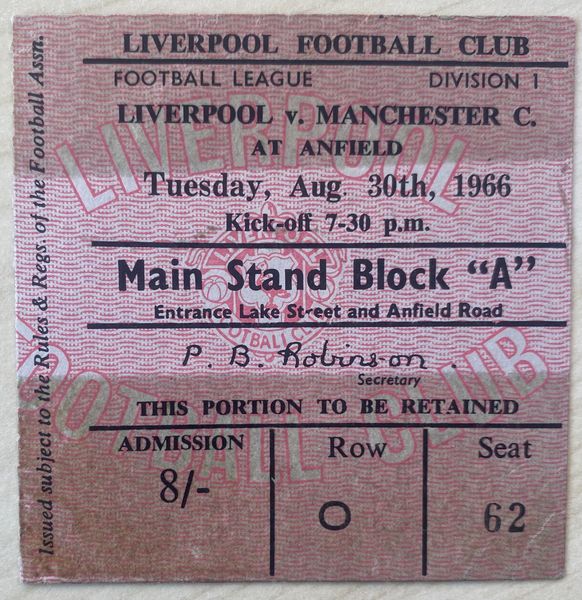 1966/67 ORIGINAL DIVISION ONE TICKET LIVERPOOL V MANCHESTER CITY