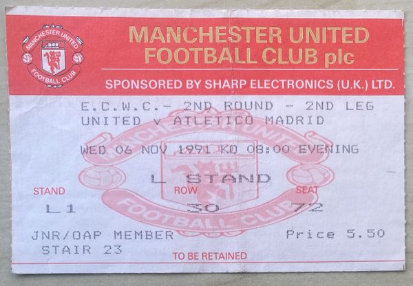 1991/92 ORIGINAL EUROPEAN CUP WINNERS CUP 2ND ROUND 2ND LEG TICKET MANCHESTER UNITED V ATLETICO MADRID