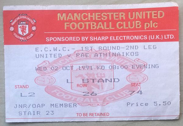 1991/92 ORIGINAL EUROPEAN CUP WINNERS CUP 1ST ROUND 2ND LEG TICKET MANCHESTER UNITED V PAE ATHINAIKOS