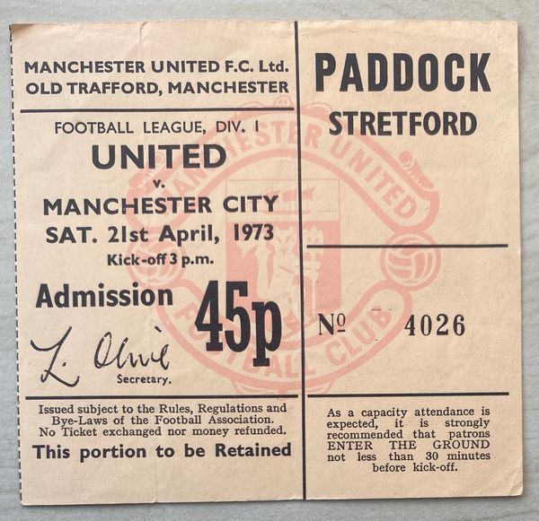 1972/73 ORIGINAL DIVISION ONE TICKET MANCHESTER UNITED V MANCHESTER CITY