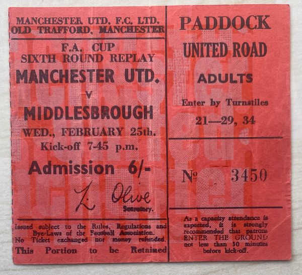 1969/70 ORIGINAL FA CUP ROUND 6 REPLAY TICKET MANCHESTER UNITED V MIDDLESBROUGH