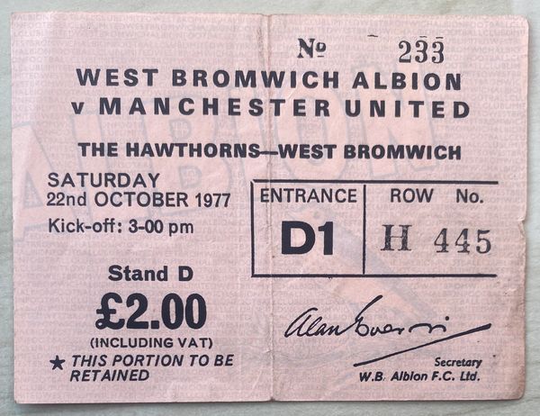 1977/78 ORIGINAL DIVISION ONE TICKET WEST BROMWICH ALBION V MANCHESTER UNITED
