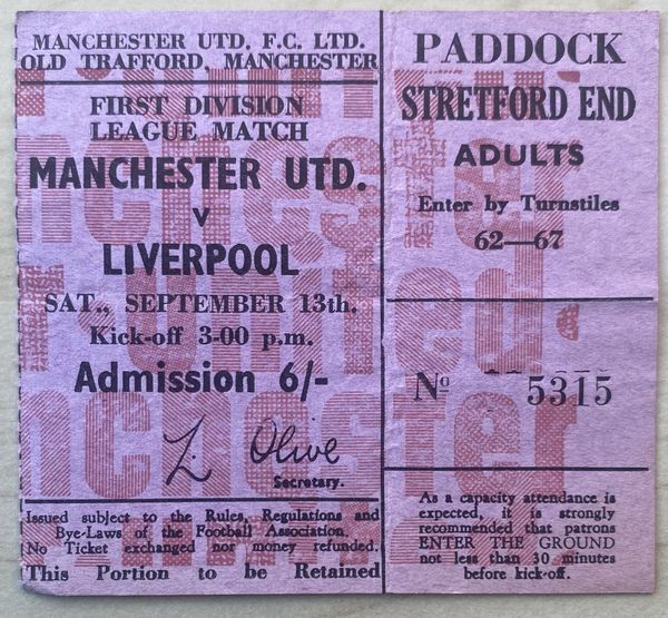 1969/70 ORIGINAL DIVISION ONE TICKET MANCHESTER UNITED V LIVERPOOL