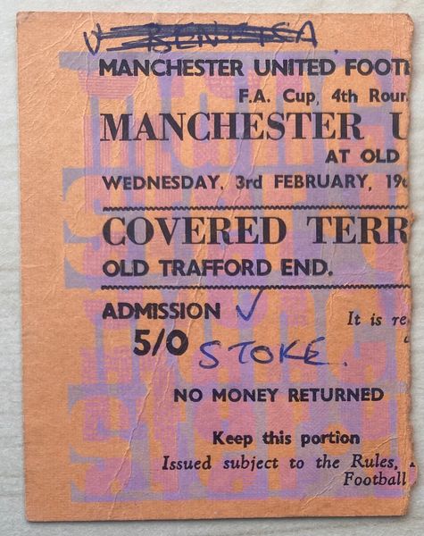 1964/65 ORIGINAL FA CUP ROUND 4 REPLAY TICKET MANCHESTER UNITED V STOKE CITY