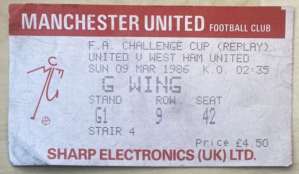 1985/86 ORIGINAL FA CUP ROUND 5 REPLAY TICKET MANCHESTER UNITED V WEST HAM UNITED