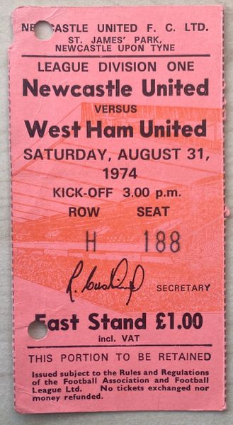 1974/75 ORIGINAL DIVISION ONE TICKET NEWCASTLE UNITED V WEST HAM UNITED