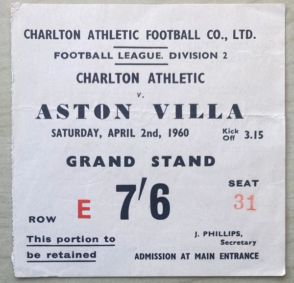 1959/60 ORIGINAL DIVISION TWO TICKET CHARLTON ATHLETIC V ASTON VILLA