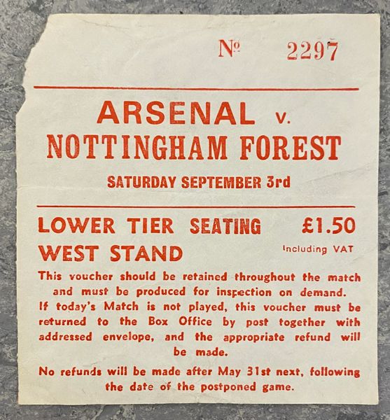 1977/78 ORIGINAL DIVISION ONE TICKET ARSENAL V NOTTINGHAM FOREST