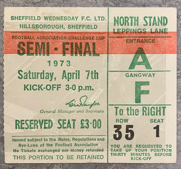 1973 ORIGINAL FA CUP SEMI FINAL TICKET SUNDERLAND V ARSENAL @HILLSBROUGH (ARSENAL ALLOCATION)