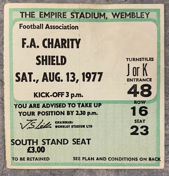 1977 ORIGINAL CHARITY SHIELD TICKET MANCHESTER UNITED V LIVERPOOL JK48 16 23