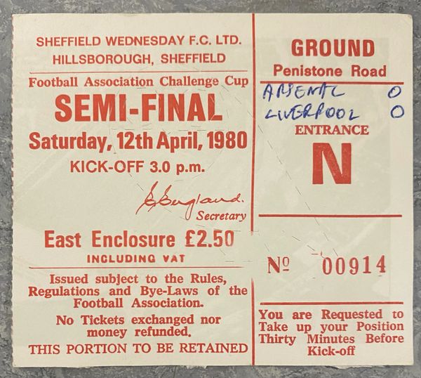 1980 ORIGINAL FA CUP SEMI FINAL TICKET LIVERPOOL V ARSENAL @HILLSBOROUGH (ARSENAL ALLOCATION)