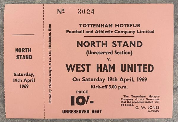 1968/69 ORIGINAL UNUSED DIVISION ONE TICKET TOTTENHAM HOTSPUR V WEST HAM UNITED