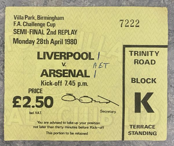 1980 ORIGINAL FA CUP SEMI FINAL 2ND REPLAY TICKET LIVERPOOL V ARSENAL @VILLA PARK (ARSENAL ALLOCATION)