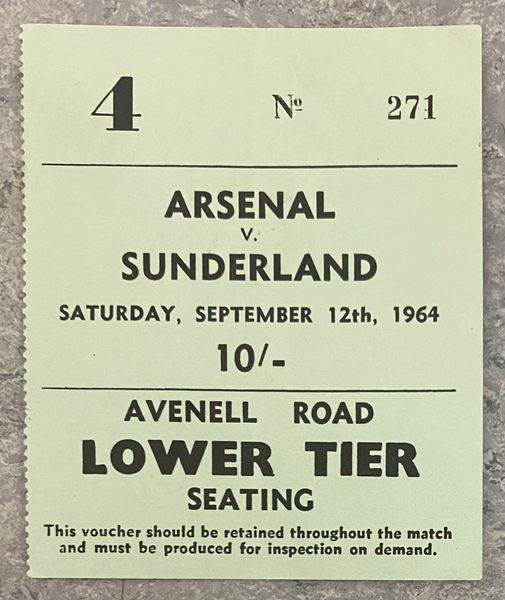 1964/65 ORIGINAL DIVISION ONE TICKET ARSENAL V SUNDERLAND