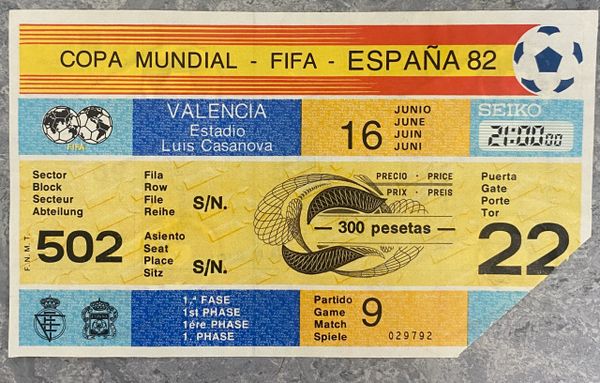1982 ORIGINAL WORLD CUP TICKET SPAIN V HONDURAS @VALENCIA