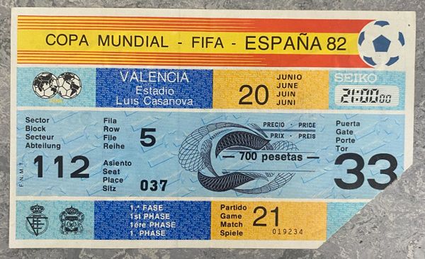 1982 ORIGINAL WORLD CUP TICKET SPAIN V YUGOSLAVIA @VALENCIA